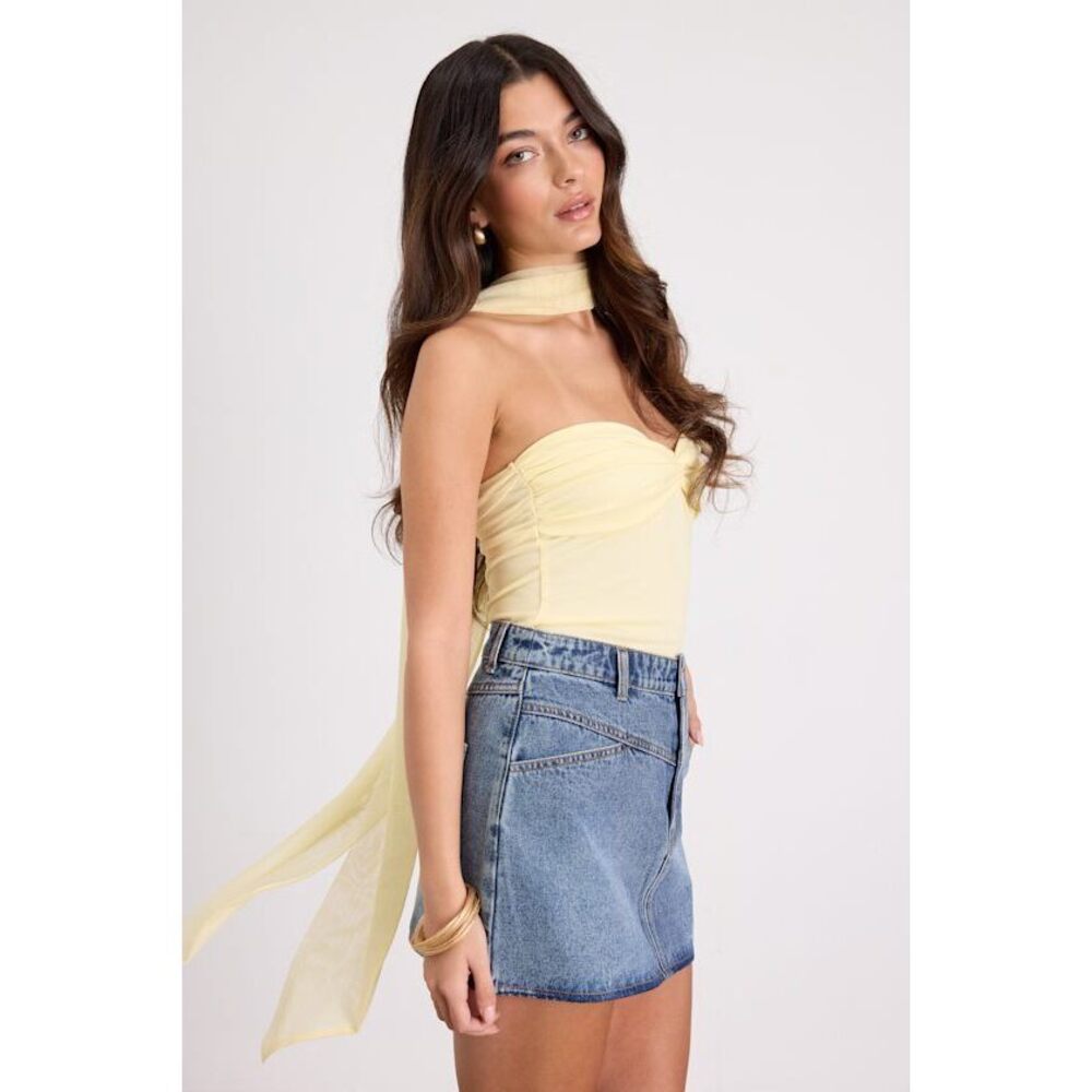 Lulus Genevieve Light Yellow Mesh Sash Scarf Strapless Top - Size XS